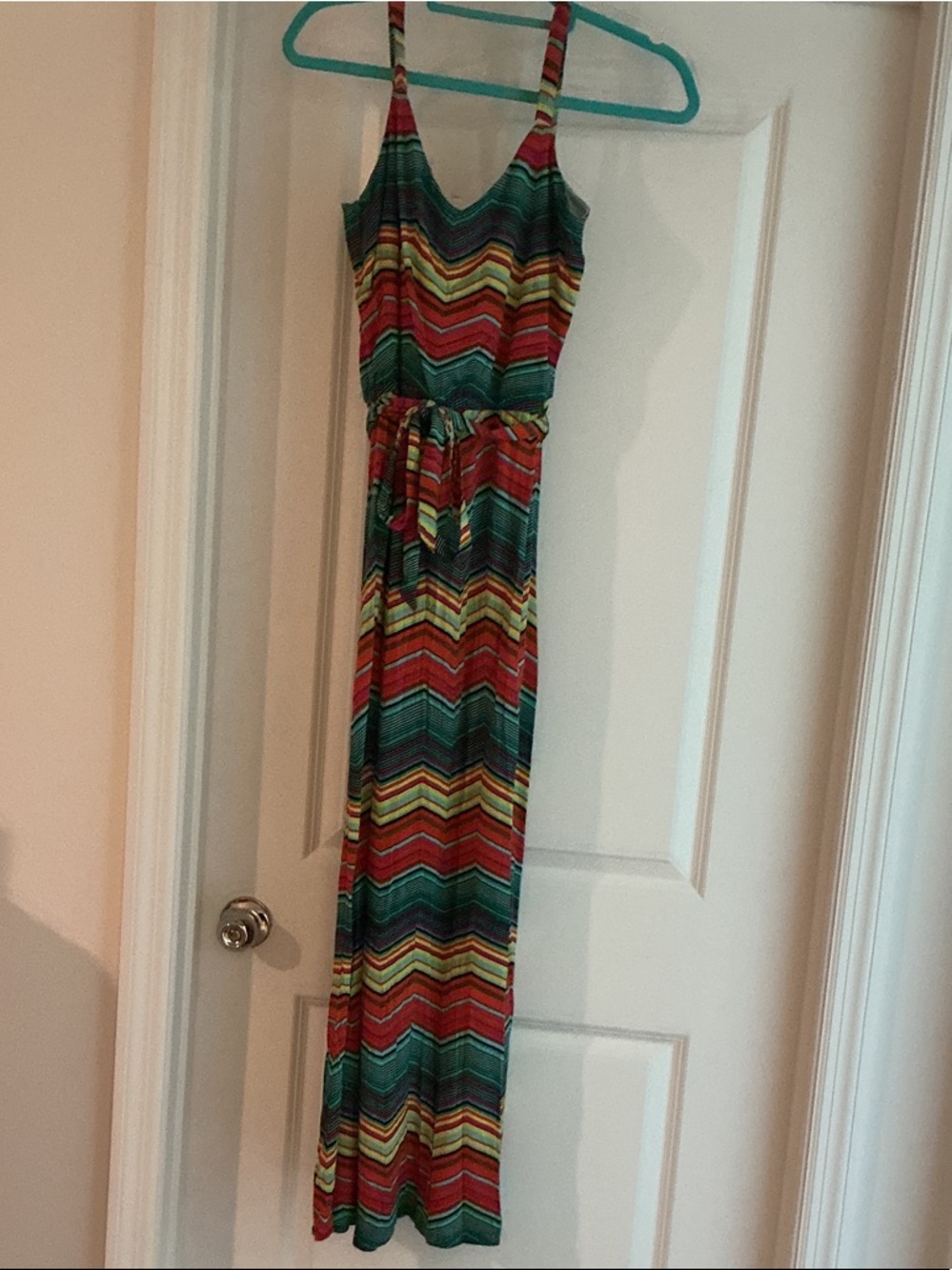 Chelsea & Theodore Multicolor Chevron Maxi Dress - Teal, Red, Yellow